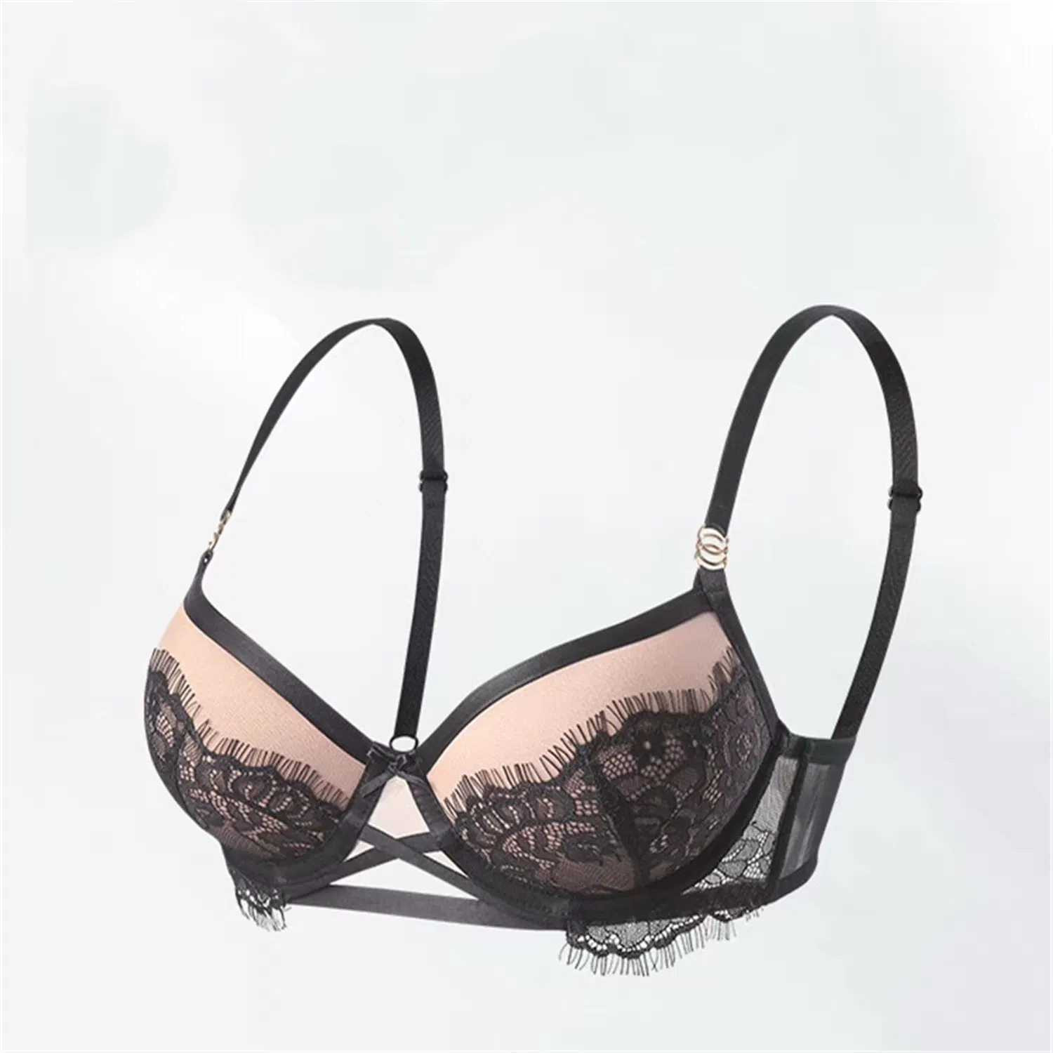 Wholesale French Transparent Eyelash Lace Gathered Steel Ring Breathable Ultra-Thin Solid Color Bra Set Underwear Lingerie