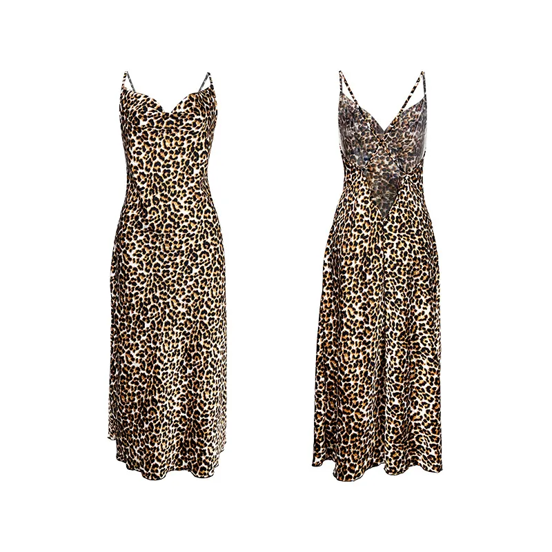 Sexy V-Neck Leopard Print Cross Strap Dresses Nightdress Wholesale Long Sleepwear Nightwear