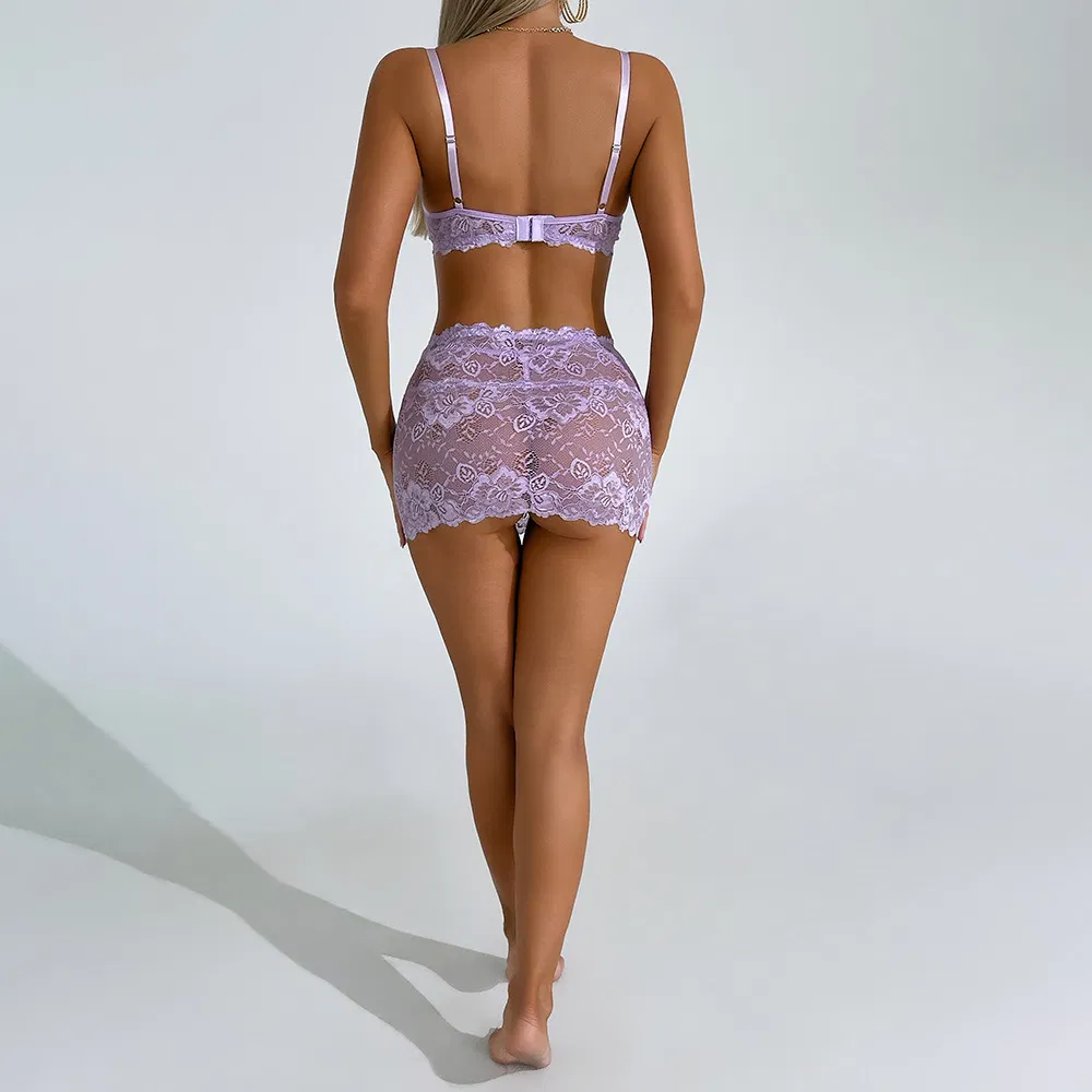 Wholesale Embroidered Lace Underwear Set for Woman Sexy Elegant Short Skirt Lingerie