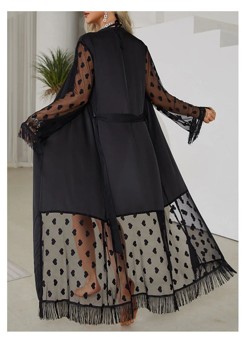Wholesale Embroidery Love Woman's Sleepwear Sexy Satin Patchwork Transparent Mesh Sleeve Robe