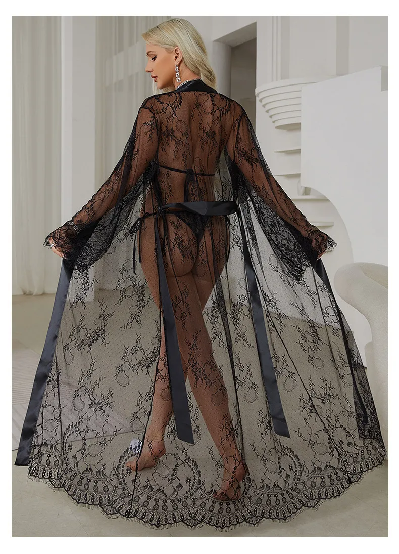 Wholesale Mesh Long Transparent Lace Sleepwear Pajamas Sexy Luxury Women Bath Robe