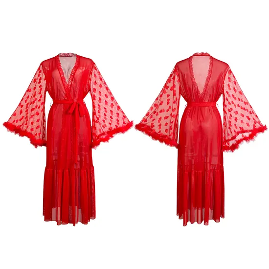 Sexy Long Sleeve Transparent Women Pajamas Sleepwear Wholesale Lace Deep V Bath Robe