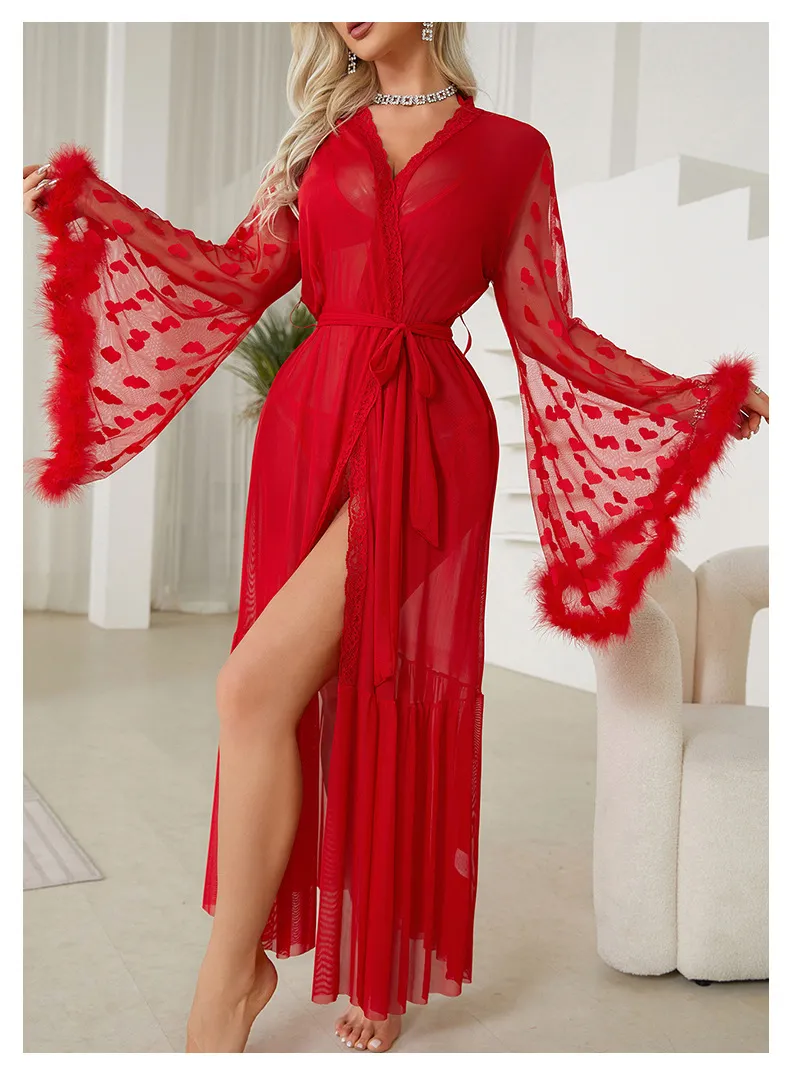 Sexy Long Sleeve Transparent Women Pajamas Sleepwear Wholesale Lace Deep V Bath Robe