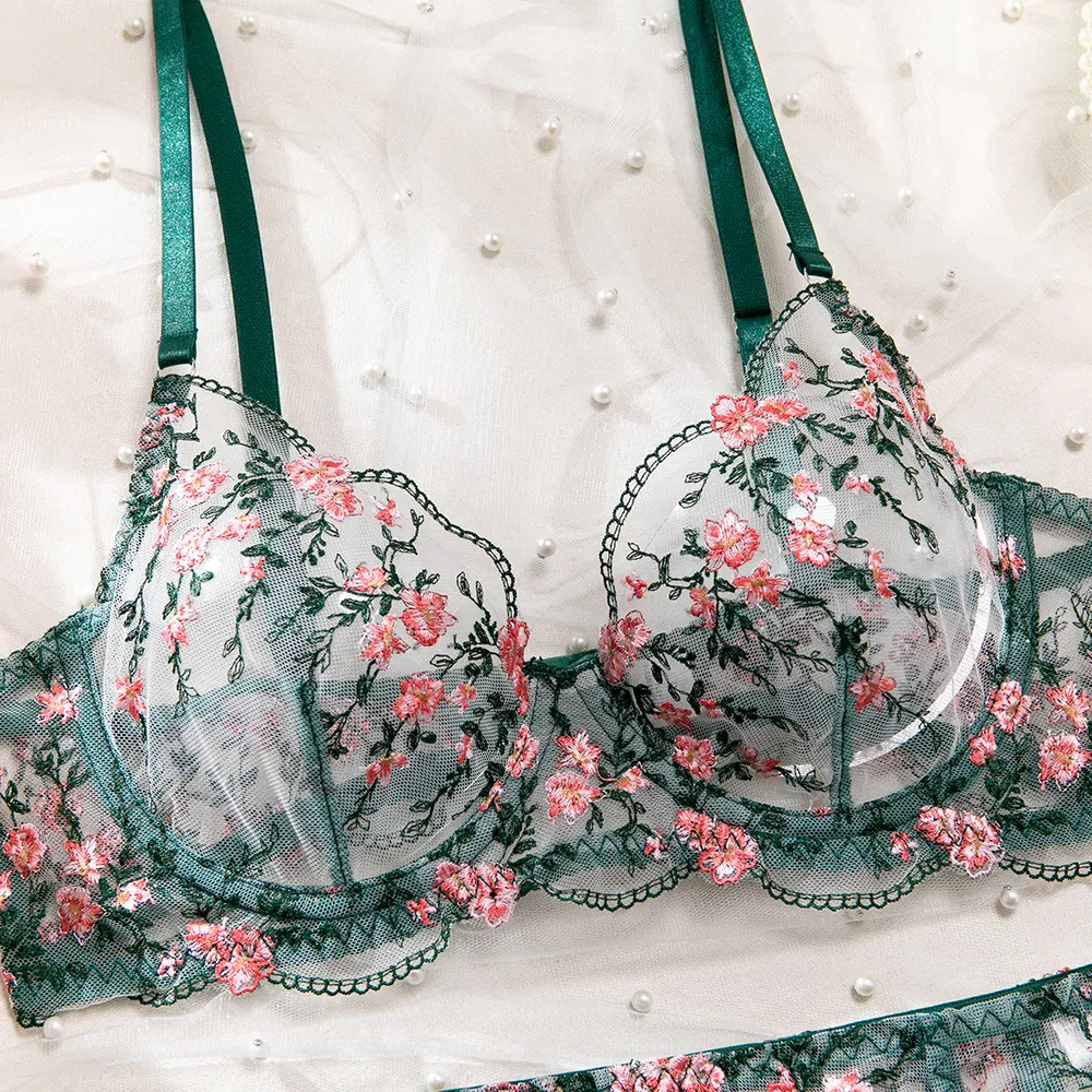 New Flower Embroidery Bra Brief Set Sexy High Quality See-Through Mesh Woman Lingerie
