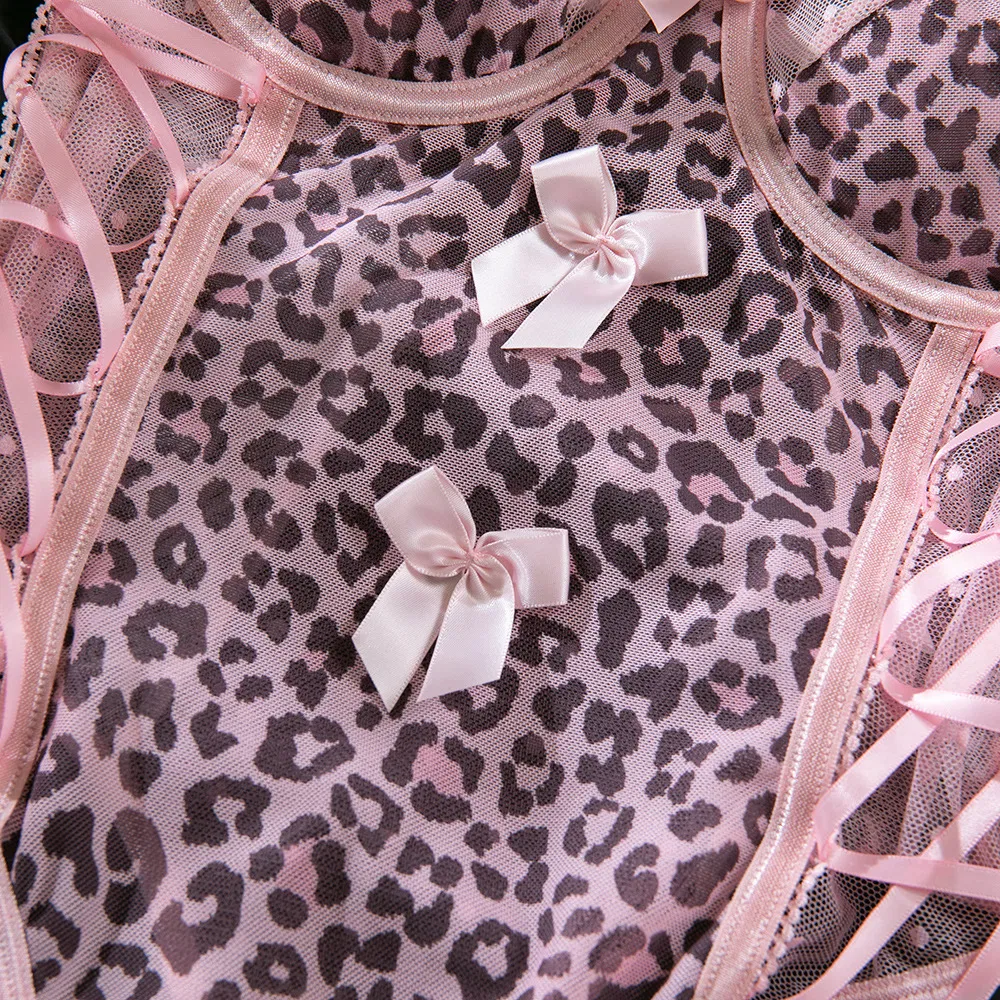 New Style Pink Leopard Print Women Bra Set Sexy Bow Tie One Piece Lingerie