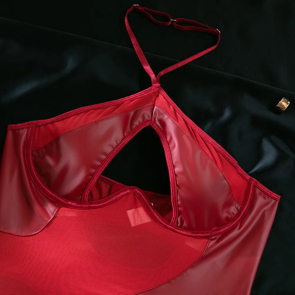 Sexy See-Through Leather Patchwork Mesh Underwear Set Wholesale Hollow out One-Piece Lingerie