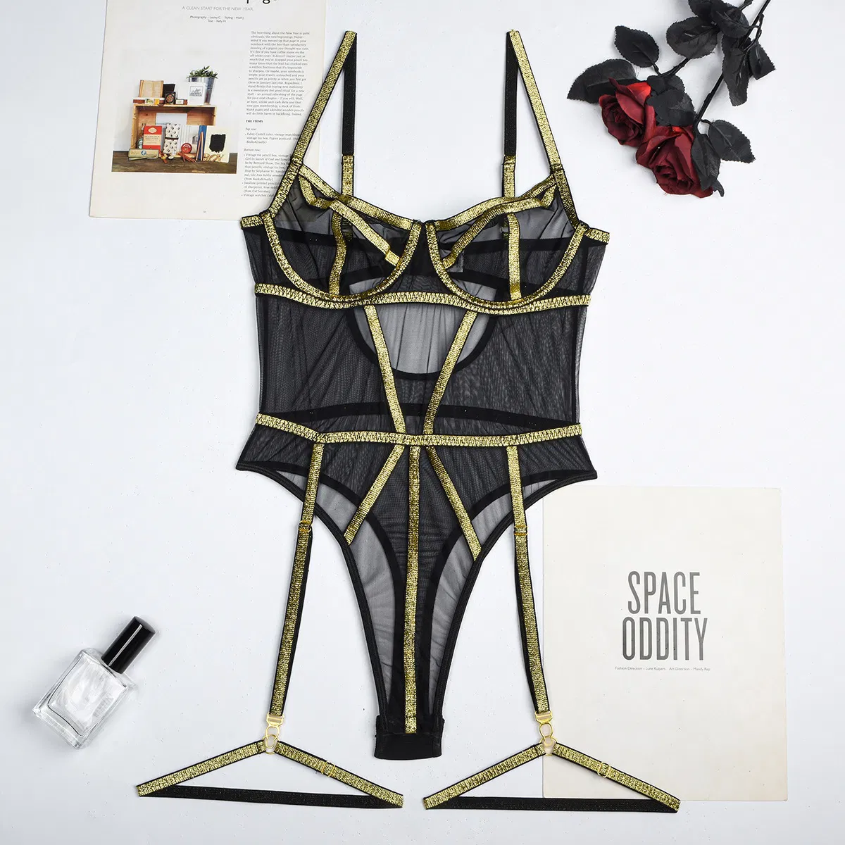 Sexy Wire Lines See-Through Mesh Patchwork Woman Bra Set Hot V-Neck One-Piece Lingerie