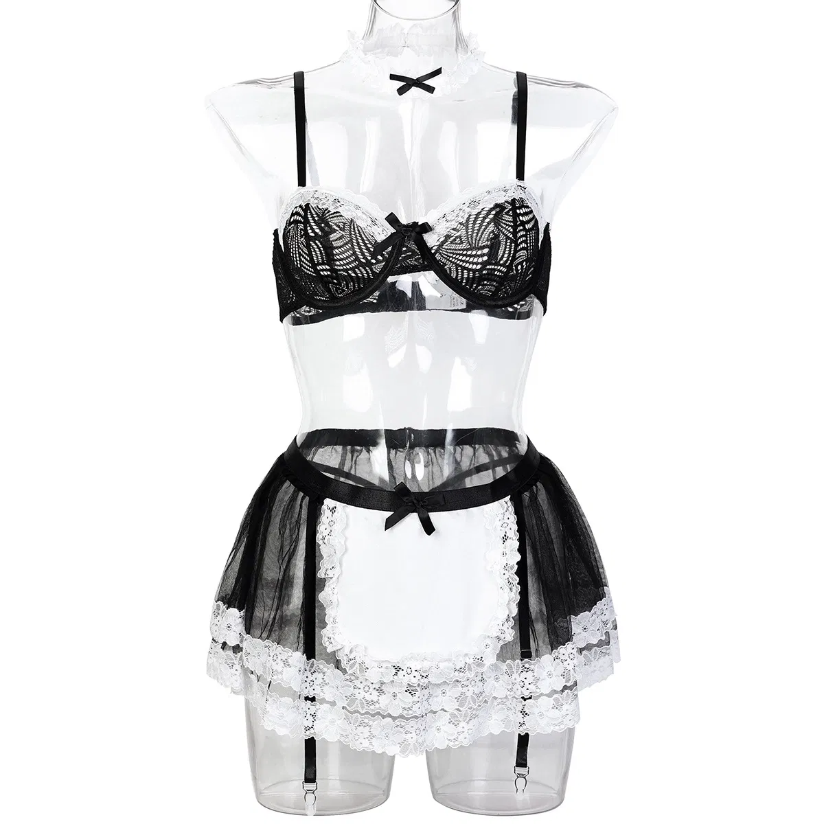 Sexy Transparent Mesh Skirt Woman Bra Set with Stockings New Contrast Color Maid Lingerie