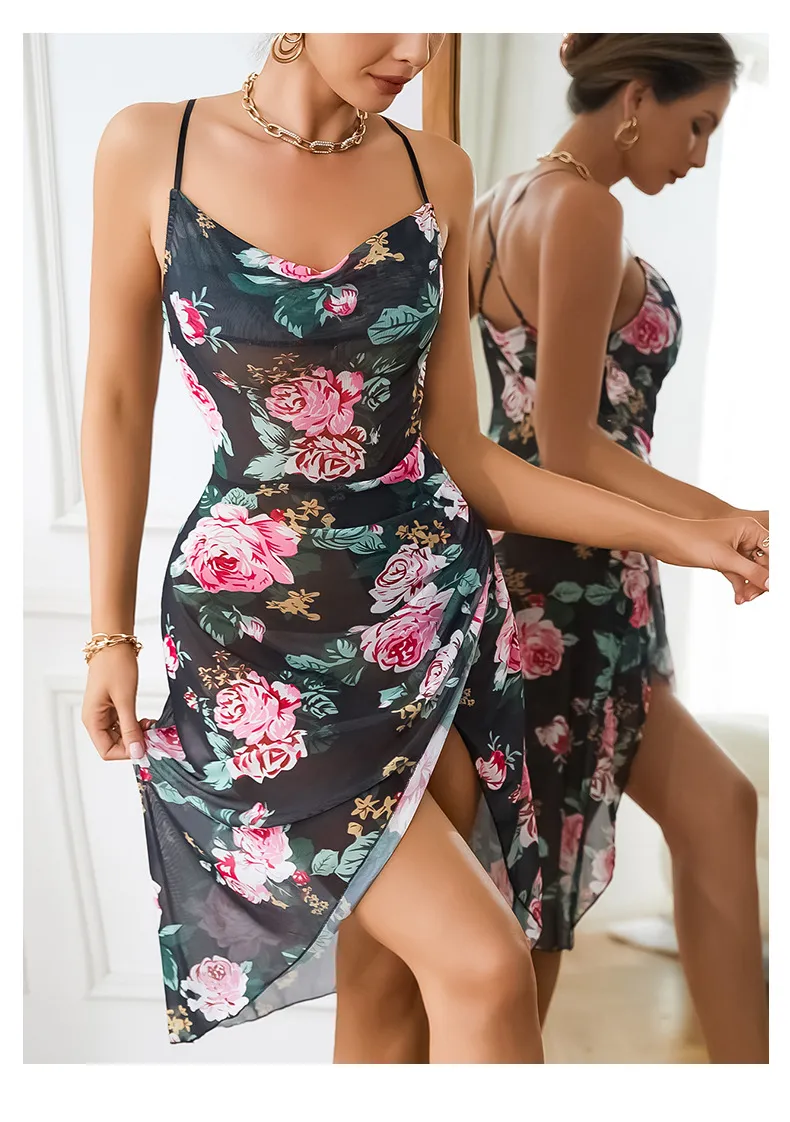 Sexy Flower Print Perspective Mesh Dress Sleepwear Wholesale Suspender Women Nightwear