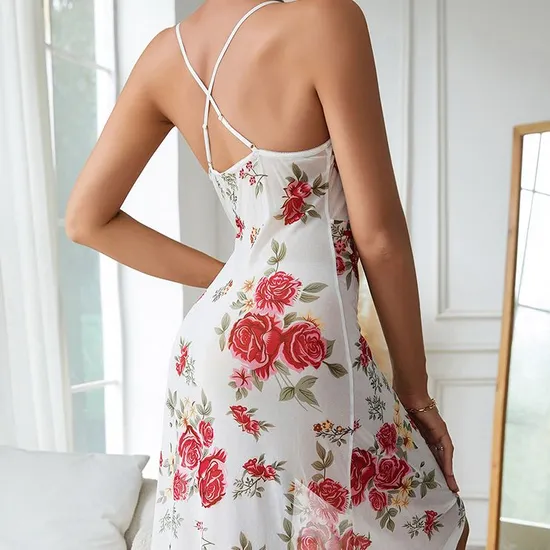 Sexy Flower Print Perspective Mesh Dress Sleepwear Wholesale Suspender Women Nightwear