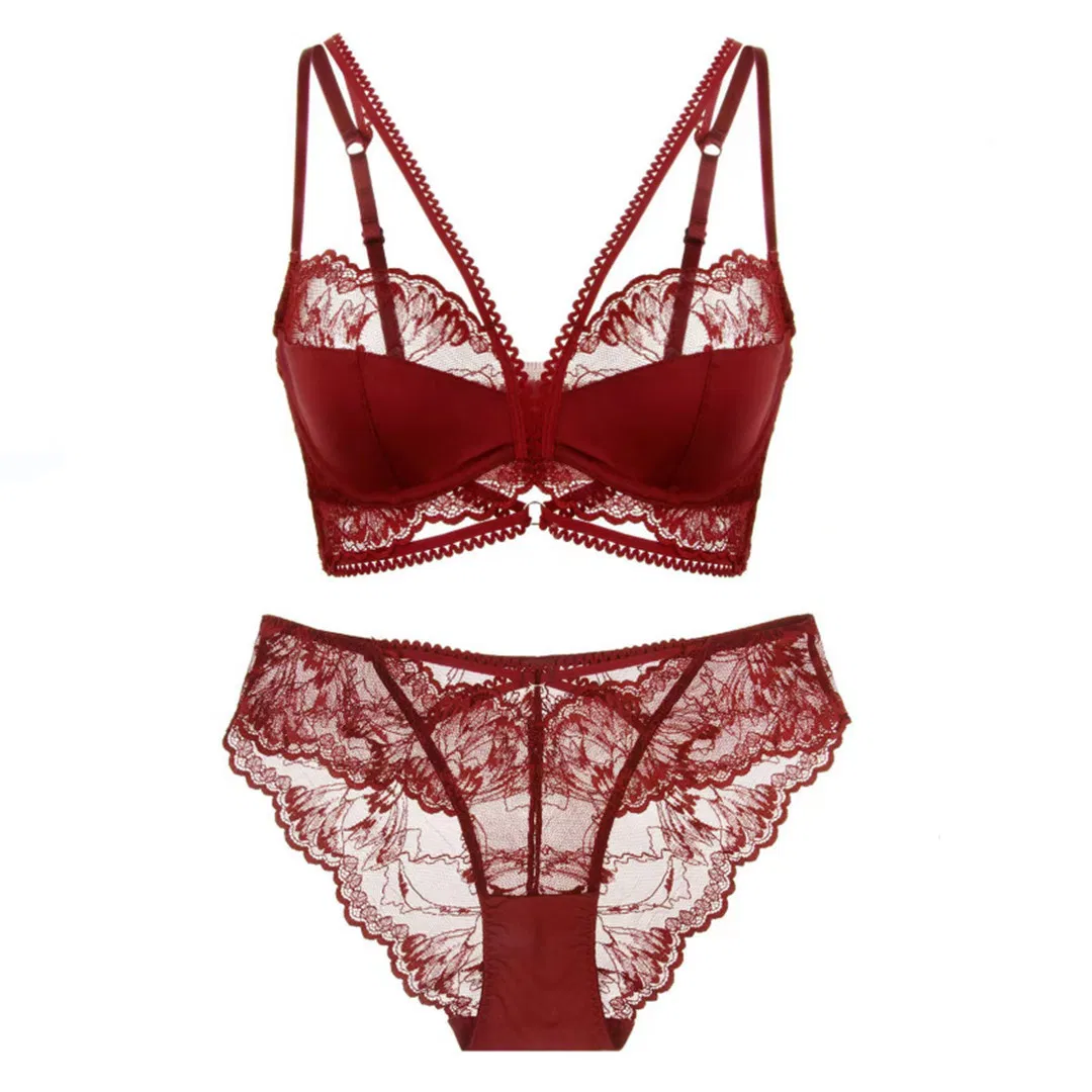 New Style French Transparent Embroidery Lace Trim Breathable Ultra-Thin for Women Soft Bra Underwear Sexy Lingerie Set