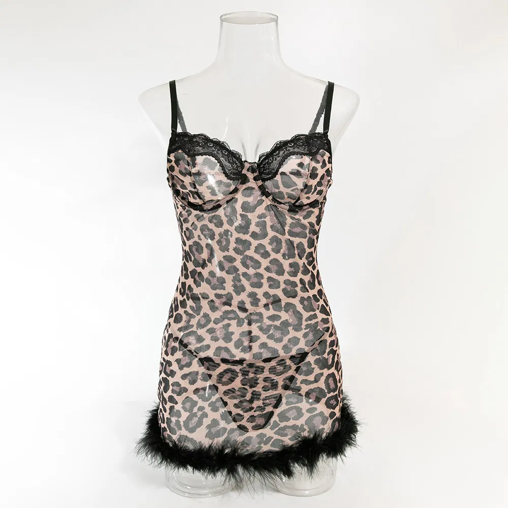 Sexy Leopard Print Transparent Feather Dress Bra Set Hot Suspender Women Lingerie