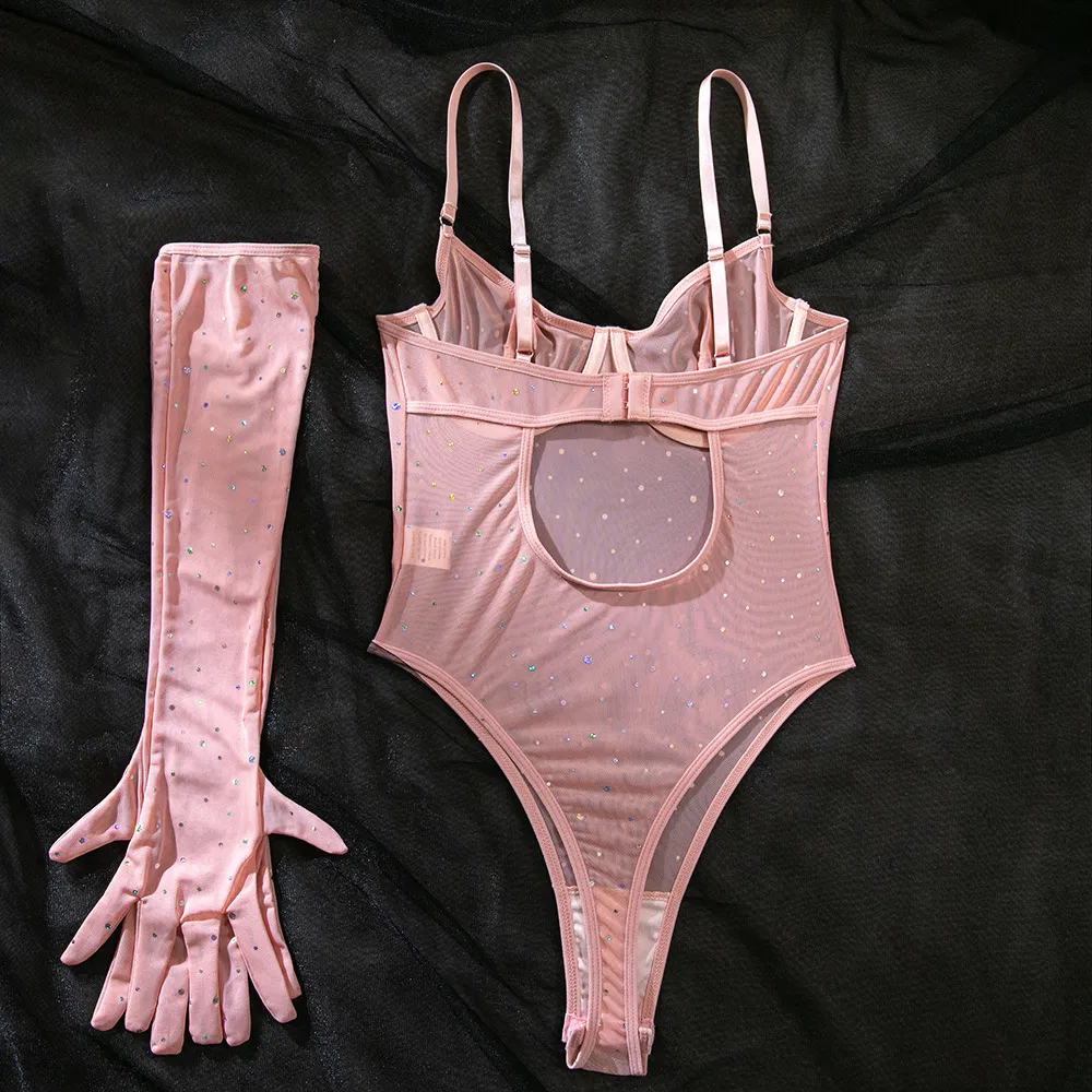 Sexy Perspective Mesh Bra Set with Gloves Hot Sell Sparkle Rhinestone One-Piece Lingerie