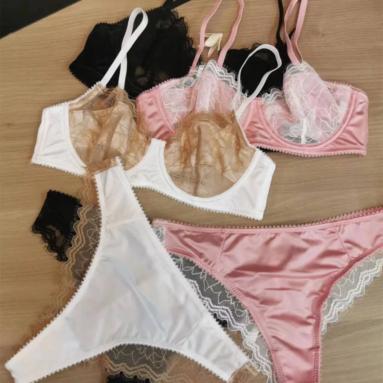 Wholesale French Style Embroidery Lace Trim Sexy Breathable Gathered Backless Ultra-Thin for Women Bra Set Underwear Lingerie