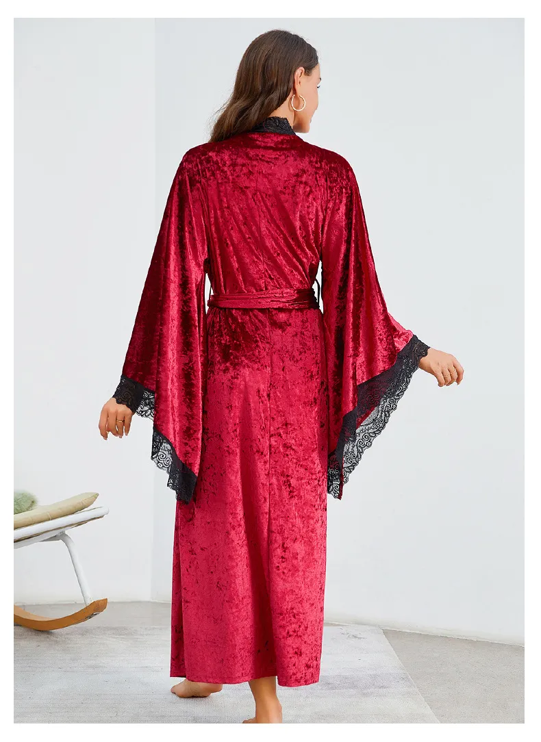 Sexy Luxury Sleepwear Nightwear Wholesale Velvet Lace Long Sleeve Woman Bath Robe
