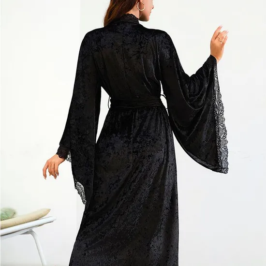 Sexy Luxury Sleepwear Nightwear Wholesale Velvet Lace Long Sleeve Woman Bath Robe
