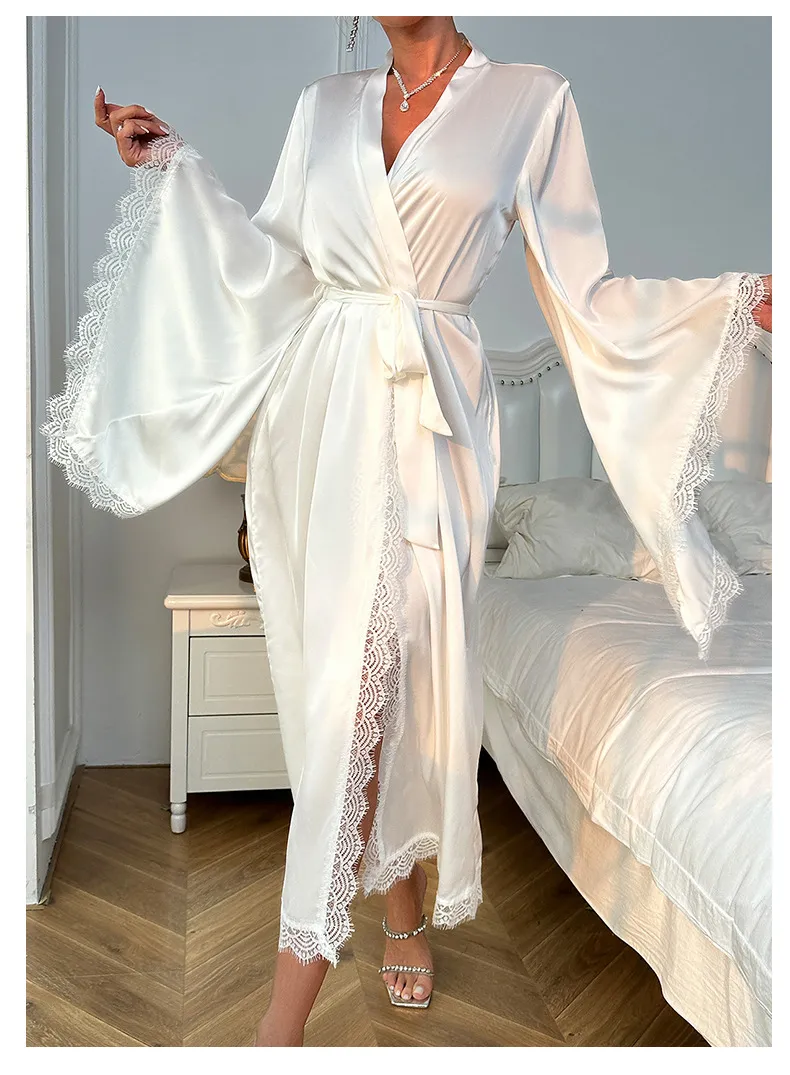 Sexy Satin Long Sleeved Sleepwear Nightwear Wholesale Luxury Solid Color Woman Bath Robe