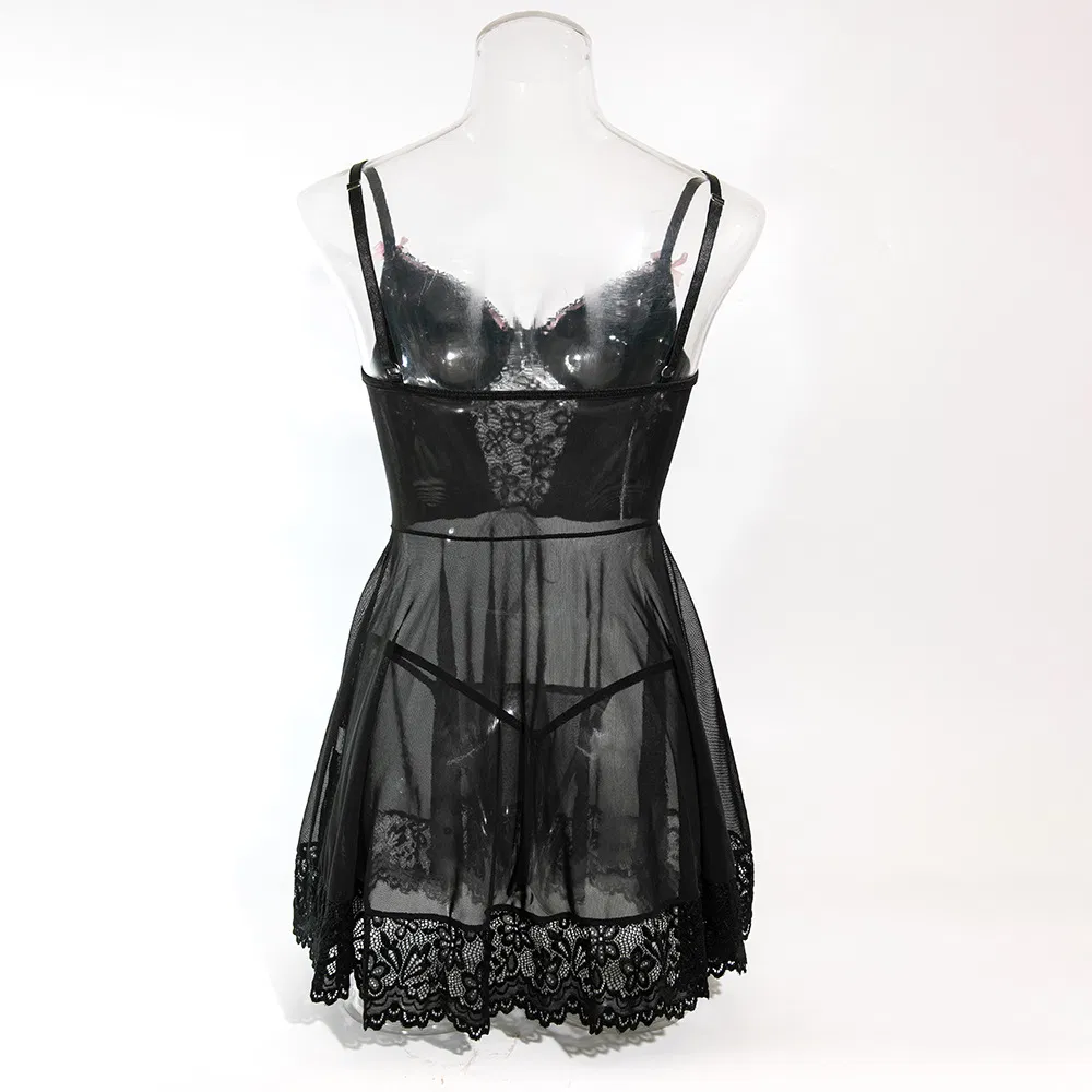 Sexy Bow Mesh See-Through Dress Underwear Set Hot Women Two-Piece Lingerie