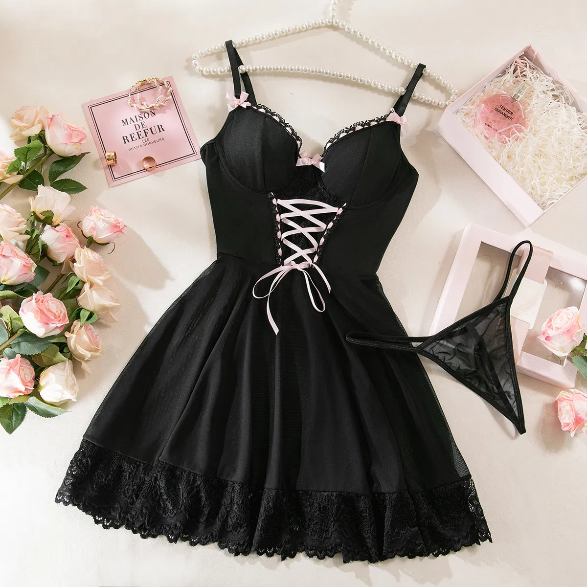 Sexy Bow Mesh See-Through Dress Underwear Set Hot Women Two-Piece Lingerie