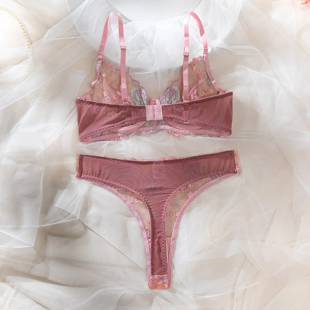 New Design Ultra-Thin Floral Embroidery Underwear Set Sexy Woman 2 Piece Lingerie