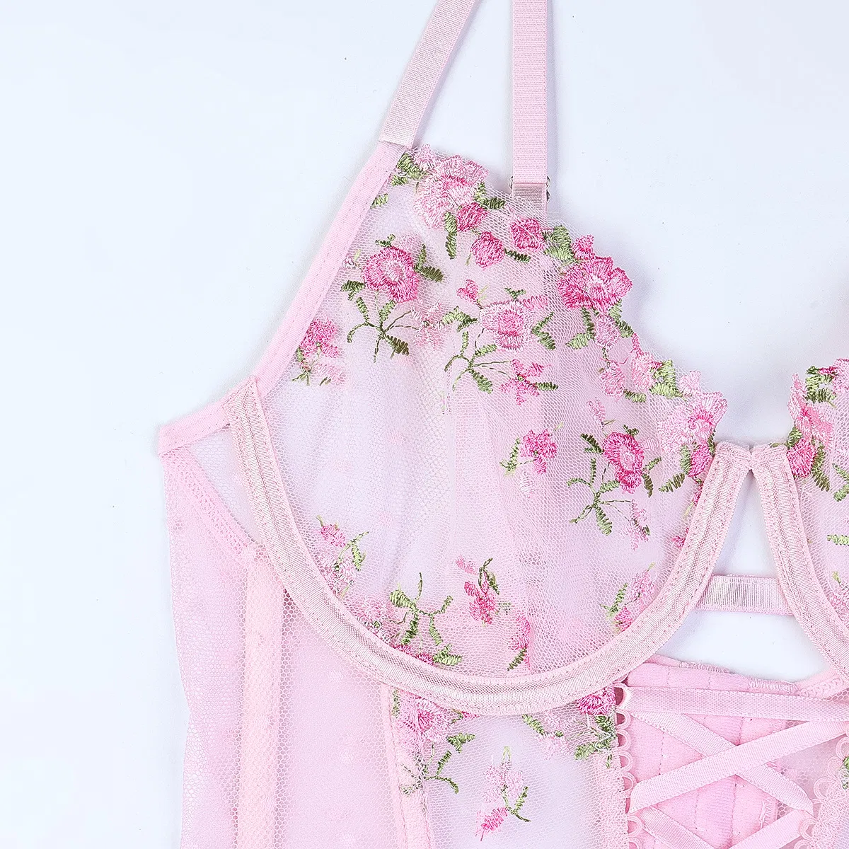Wholesale Embroidered Floral Fish-Bone Woman Underwear Set Sexy See-Through Cross Strap Lingerie