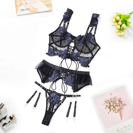Wholesale Floral Embroidery Woman Bra Panty Set Sexy See-Through Garter Lingerie