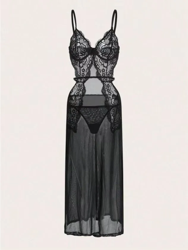 Sexy See-Through Mesh Woman Bra Panty Set Hot Selling Long Skirt Lingerie