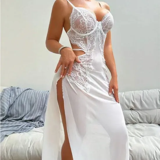 Sexy See-Through Mesh Woman Bra Panty Set Hot Selling Long Skirt Lingerie