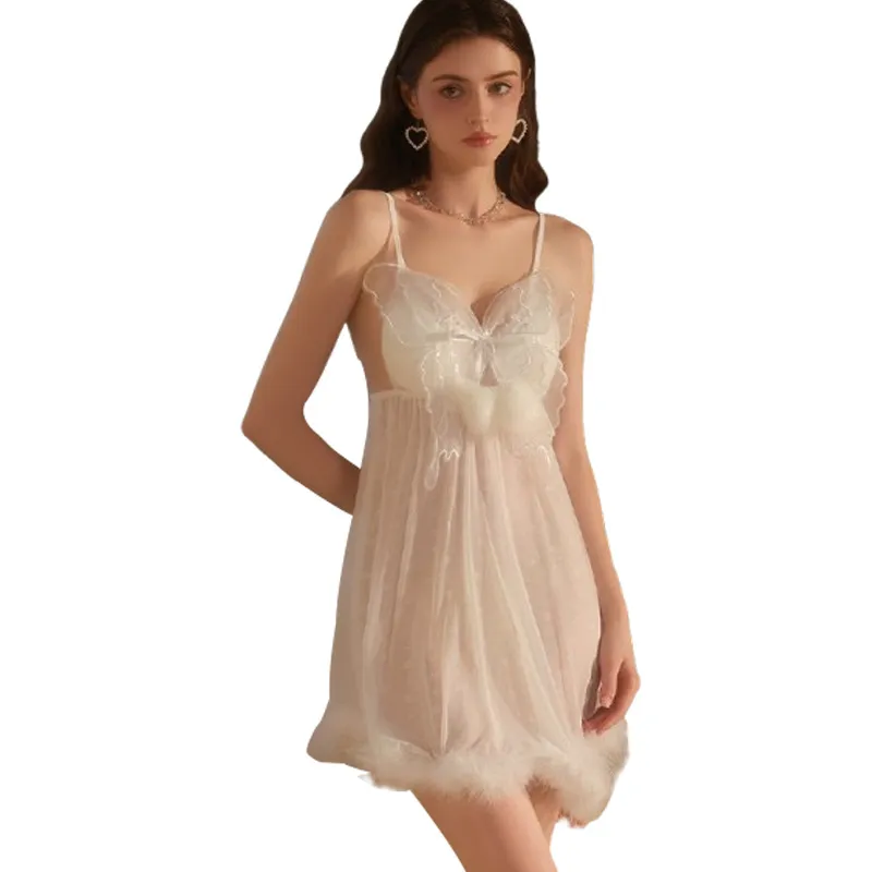 Sexy See-Through Mesh Nightgown Dress and Robe Hot Sell Embroidered Lace Women's Nightwear