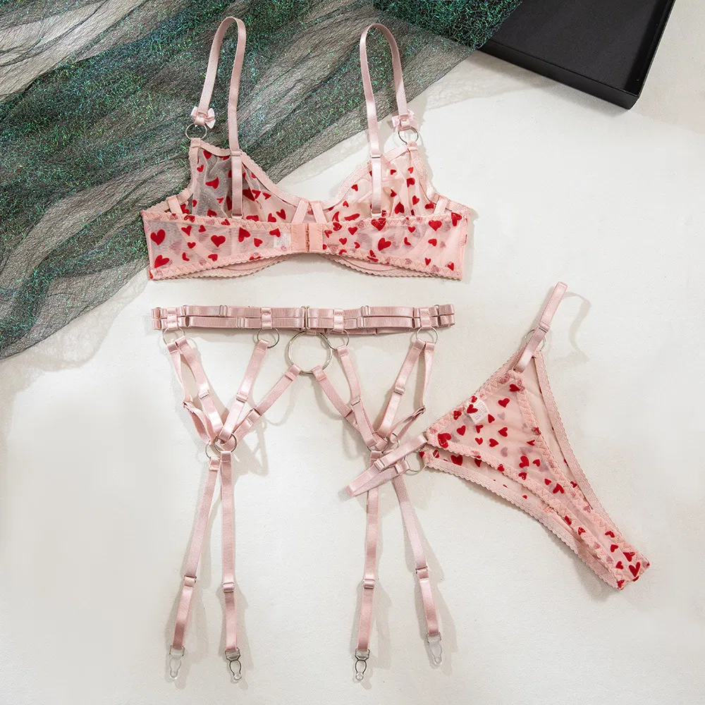Sexy See-Through Women Bra Set with Embroidery New Red Heart Pattern Lingerie Set
