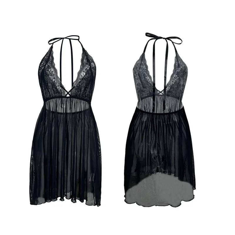 Sexy Embroidery Lace Woman Sleepwear Hot V-Neck See Through Mesh Suspender Nightwear