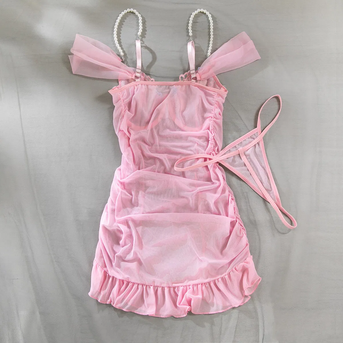 Sexy Ultral-Thin Short Skirt Underwear Set Wholesale Mesh See-Through Pearl Straps Lingerie