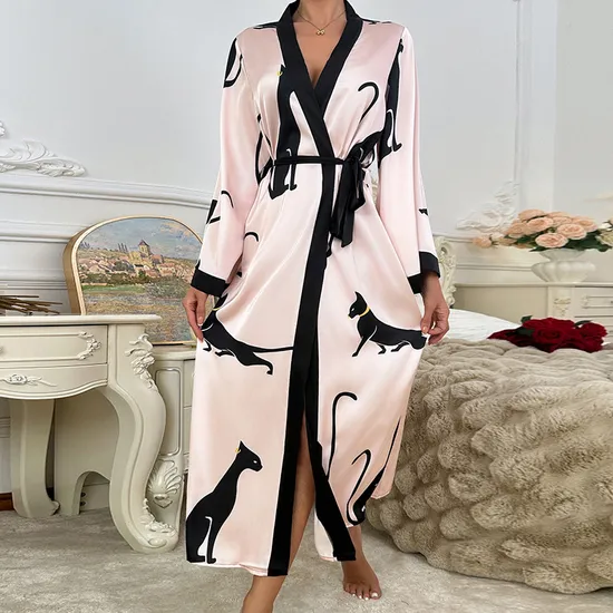 Wholesale Women's Nightwear Dress Sleepwear with Tie up Sexy Satin Long Sleeve Robe