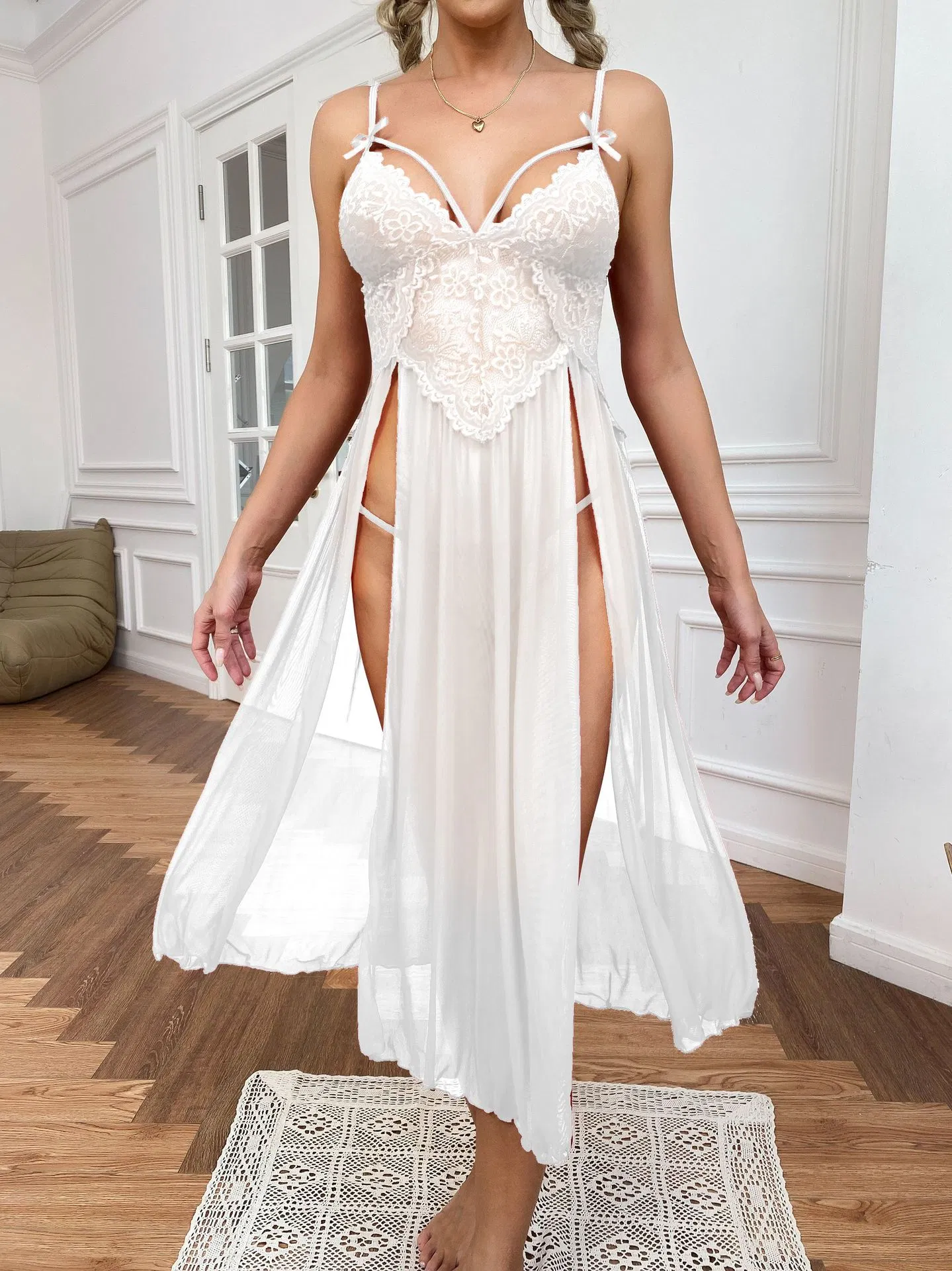 Sexy See Through Mesh Long Lingerie Women Sleepwear Hot V-Neck Embroidered Lace Nightwear