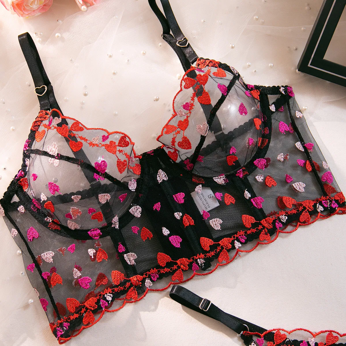 Sexy Fishbone Heart-Shaped Embroidery 2 PCS Underwear Set Wholesale Transparent Mesh Lingerie