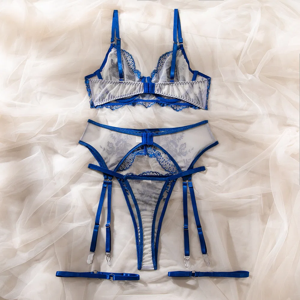 Wholesale Flower Embroidery Perspective Mesh Underwear Set Sexy Luxury Woman Lingerie