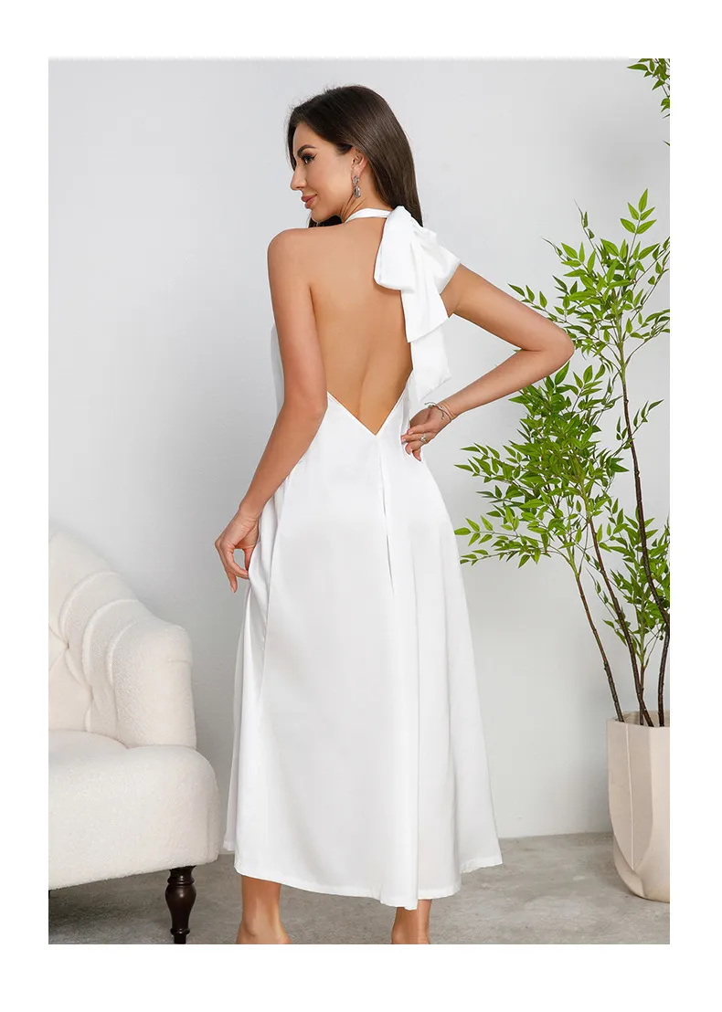 Wholesale Hanging Neck Backless Women's Nightwear Sexy Solid Color Satin Sleepwear