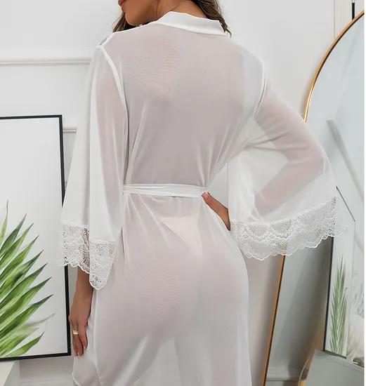 Wholesale See-Through Mesh Chiffon Stitching Lace Sleepwear Sexy Solid Color Women's Robe