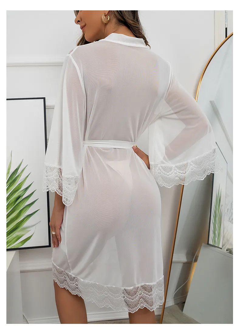 Wholesale See-Through Mesh Chiffon Stitching Lace Sleepwear Sexy Solid Color Women's Robe