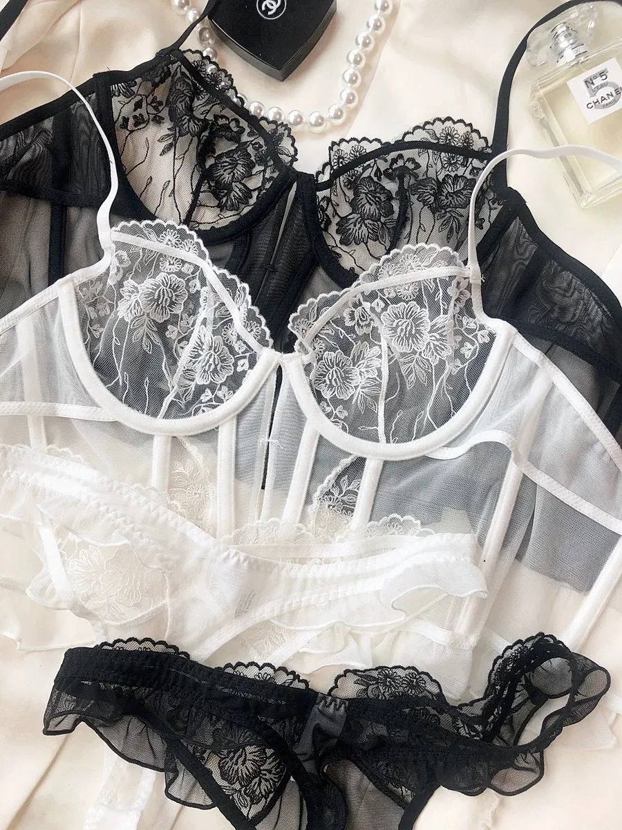 2025 Fishbone Corset Hollow out See-Through Lace Breathable Ultra-Thin Romantic for Women Soft Bra Sexy Set Underwear Lingerie