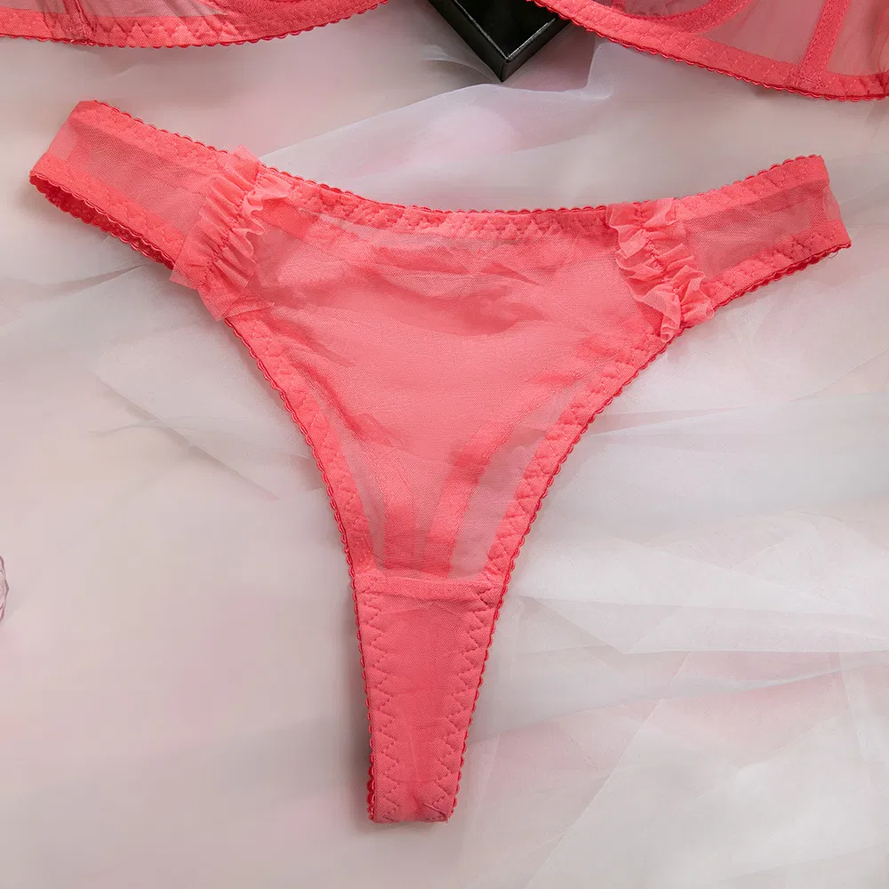 Sexy Perspective Mesh Ruffled Lace Woman Bra Set Hot Sale Solid Color 2 Pieces Lingerie