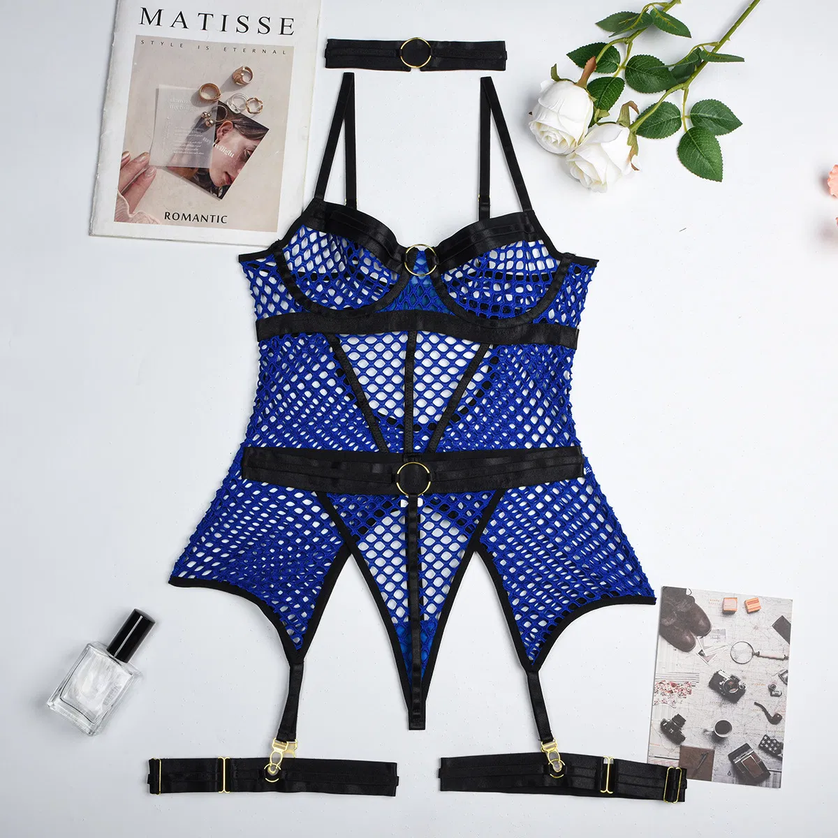 Wholesale Deep-V Woman Underwear Set Sexy Erotic See-Through Fishnet Lingerie