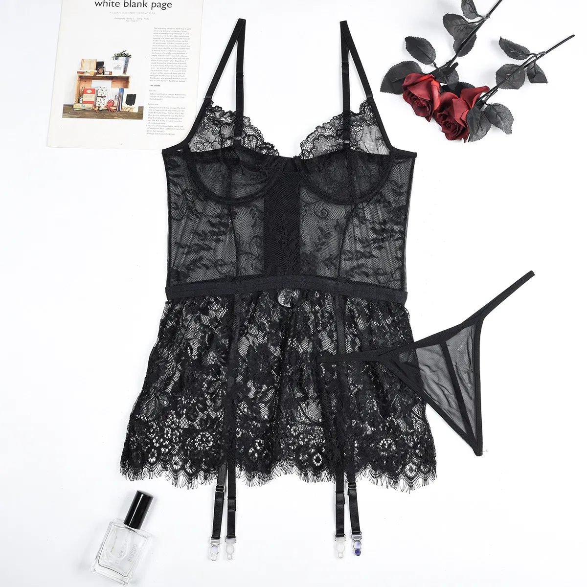 Wholesale See Through Eyelash Lace Underwear Set Sexy Suspender Skirt Woman Lingerie