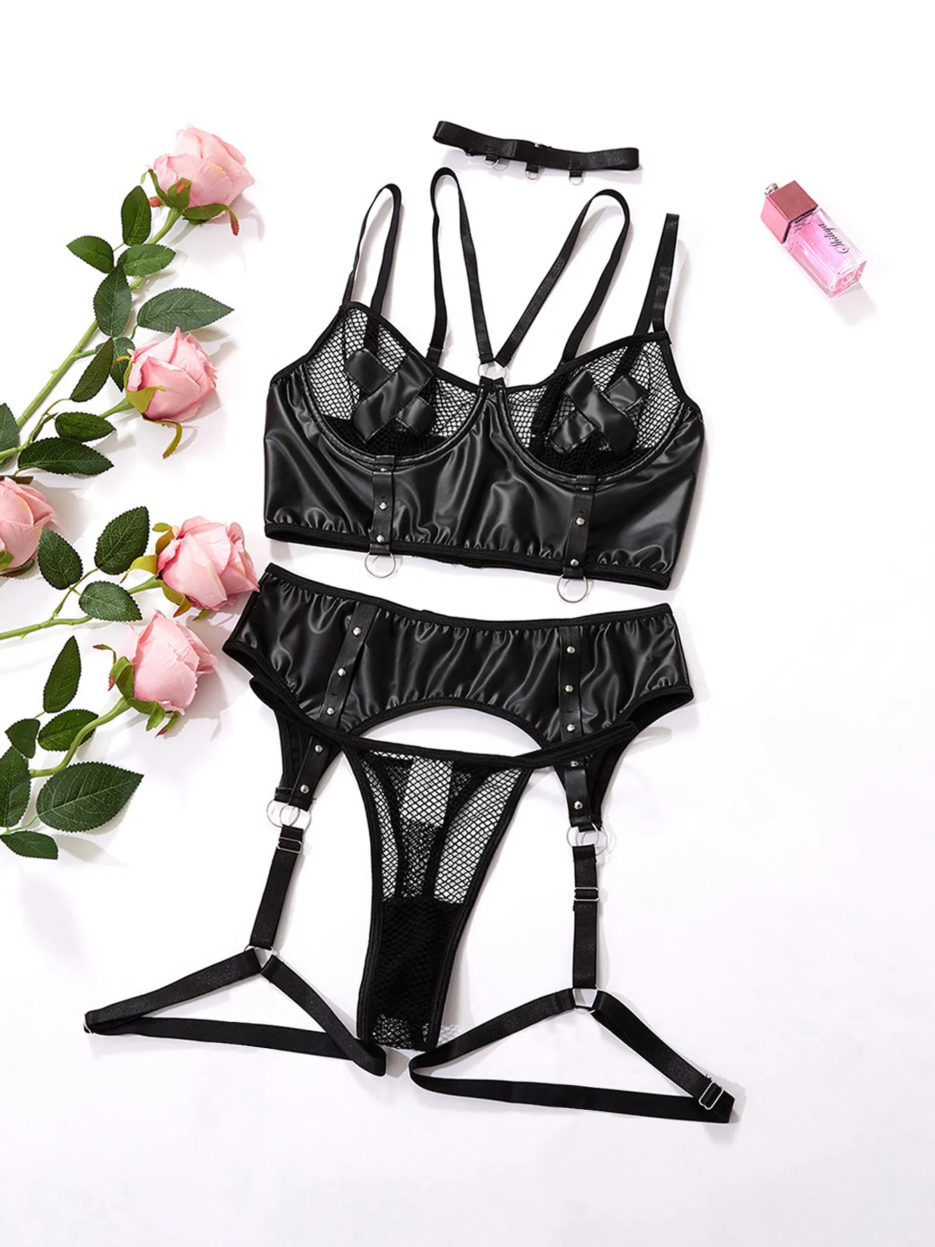 Sexy PU Leather Perspective Plus Size Bra Set New Fishnet Net Woman Lingerie