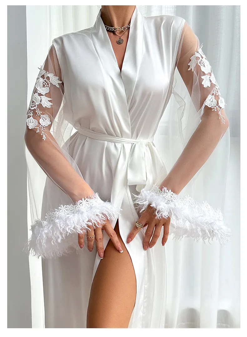 Wholesale Satin Woman Sleepwear Sexy See-Through Mesh Feather Lace Cuff Robe