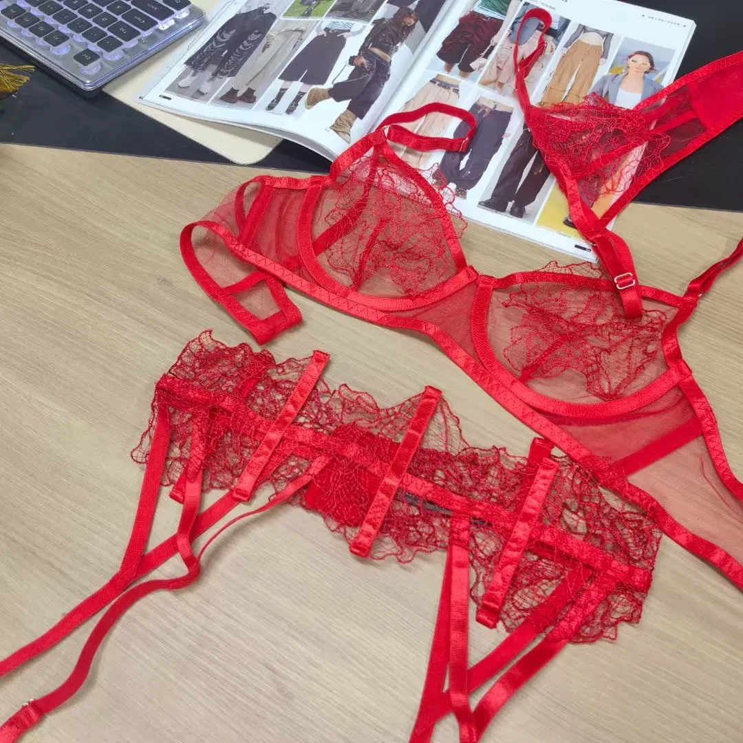 See-Through Embroidered Sock Strap Three-Piece Set Lace Trim Breathable Ultra-Thin for Women Sexy Bra Underwear Lingerie