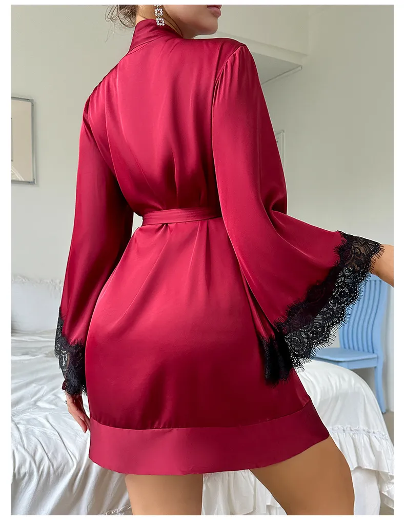 Wholesale V-Neck Satin Woman Lace Nightwear Sleepwear Sexy High-Quality Solid Color Robe