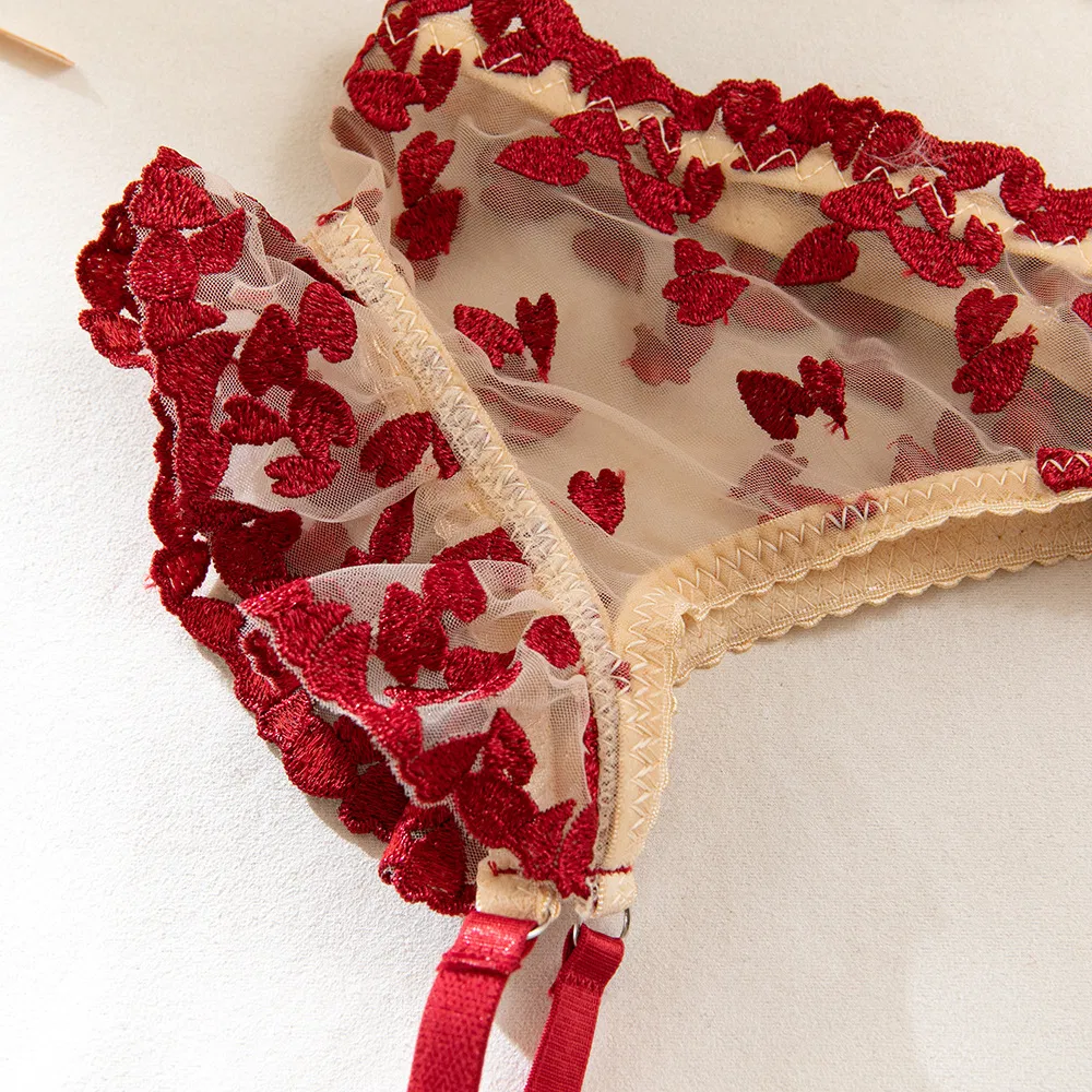 Wholesale Heart-Shaped Embroidery Woman Underwear Set Sexy Transparent Mesh Lingerie