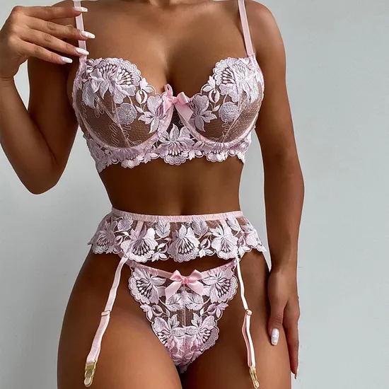 New Design Flower Embroidery See-Through Bra Set Sexy Woman 3 PCS Lingerie