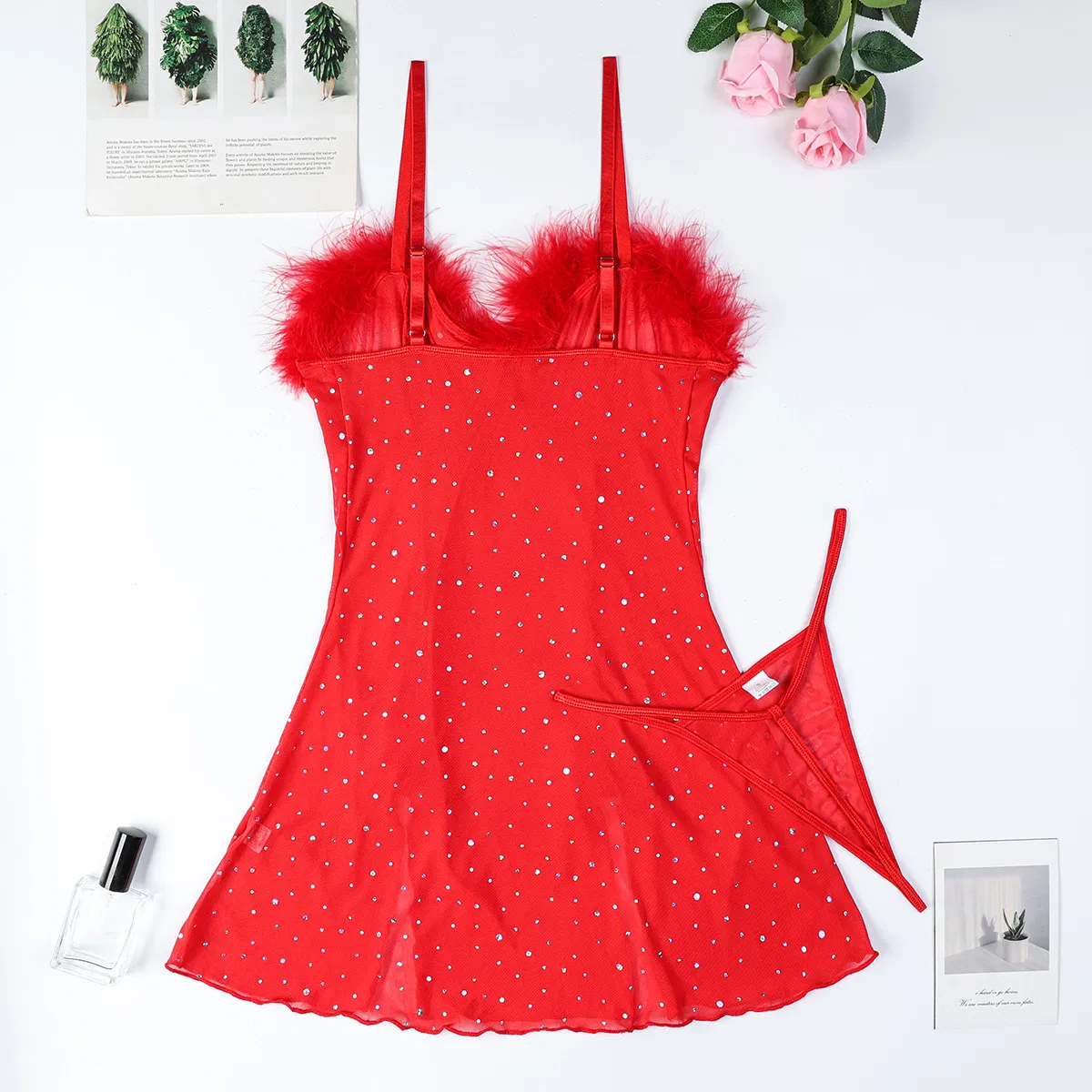 Sexy Elastic See-Through Mesh Bra Set New Rhinestone Sparkling Feather Two-Piece Woman Lingerie